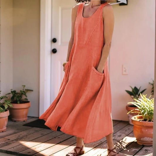 Sleeveless Pocket Boho Maxi Dress, Women's Plus Size Loose Fit Flowy Long Dress