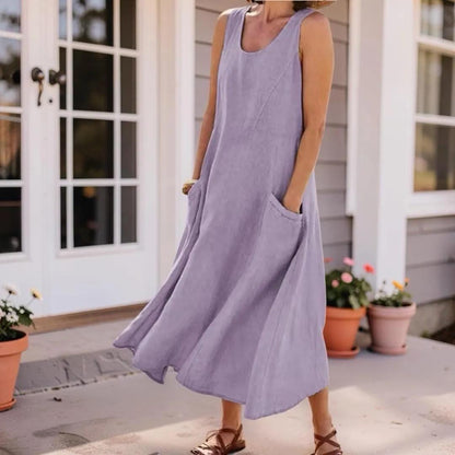 Sleeveless Pocket Boho Maxi Dress, Women's Plus Size Loose Fit Flowy Long Dress