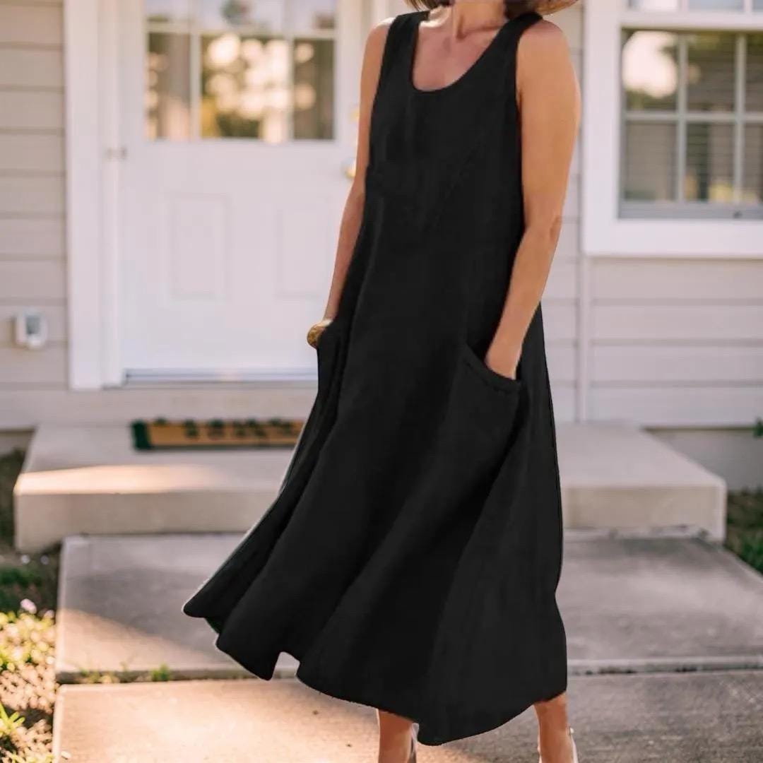 Sleeveless Pocket Boho Maxi Dress, Women's Plus Size Loose Fit Flowy Long Dress