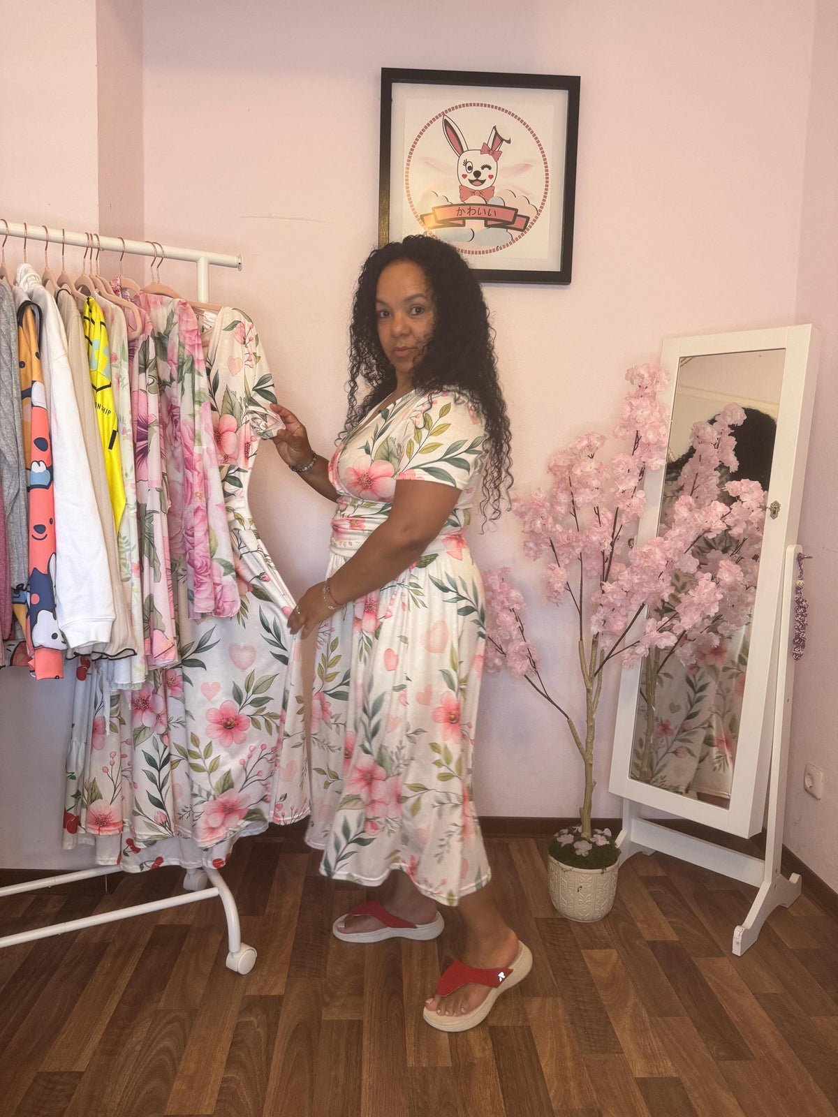 Floral Midi Dress – Elegant V Neck Summer Dress