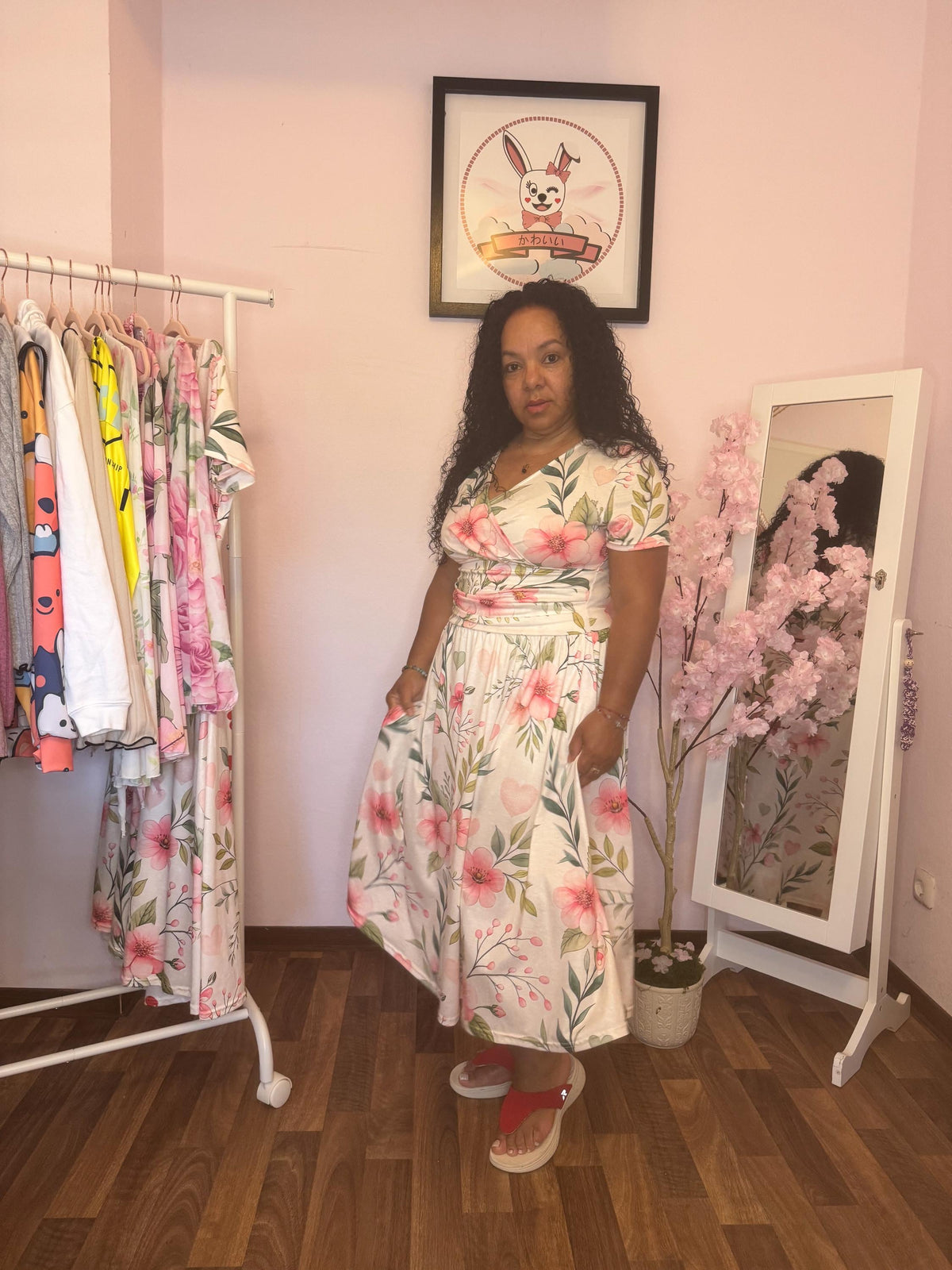 Floral Midi Dress – Elegant V Neck Summer Dress