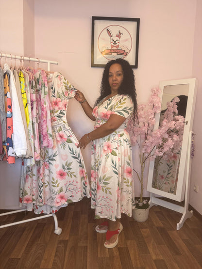 Floral Midi Dress – Elegant V Neck Summer Dress