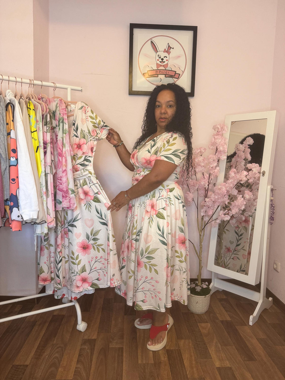 Floral Midi Dress – Elegant V Neck Summer Dress