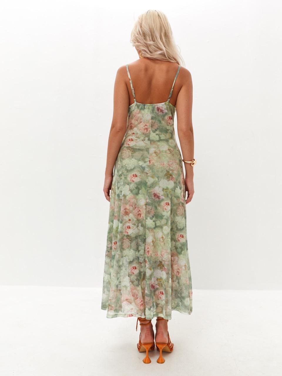 Romantic Floral Mesh Midi Dress, Cottagecore Summer Outfit, Lightweight Garden Party Slip, Vacation Outfit