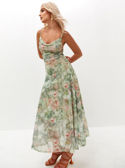 Romantic Floral Mesh Midi Dress, Cottagecore Summer Outfit, Lightweight Garden Party Slip, Vacation Outfit