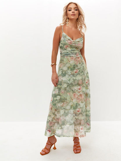 Romantic Floral Mesh Midi Dress, Cottagecore Summer Outfit, Lightweight Garden Party Slip, Vacation Outfit