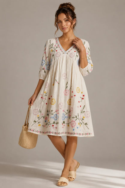 Midi Dress, Colorful Floral Embroidery , Bohemian Folk Style , Loose Fit , Festival Outfit