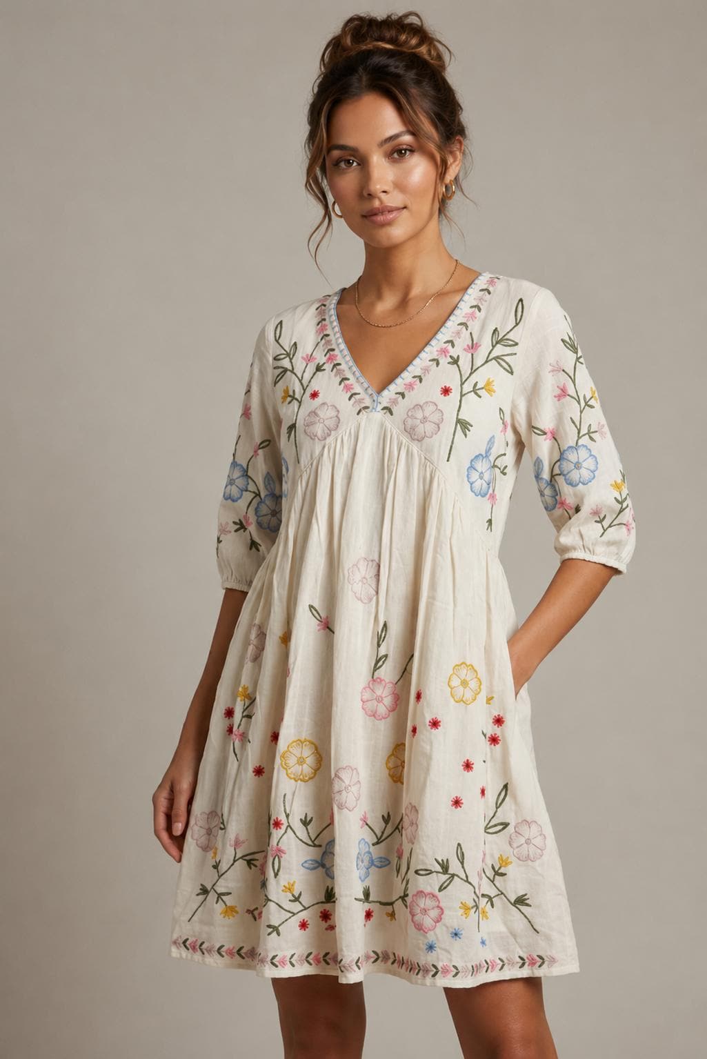 Midi Dress, Colorful Floral Embroidery , Bohemian Folk Style , Loose Fit , Festival Outfit