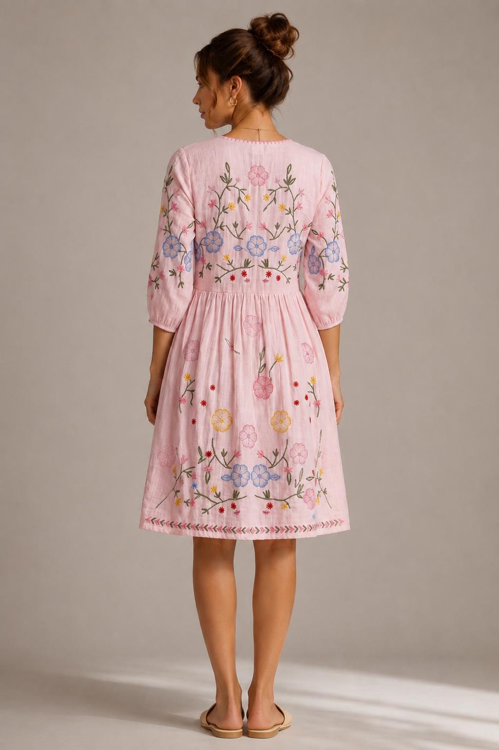 Midi Dress, Colorful Floral Embroidery , Bohemian Folk Style , Loose Fit , Festival Outfit