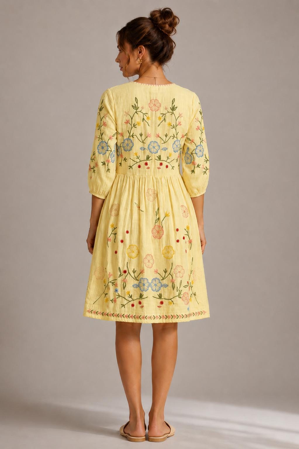 Midi Dress, Colorful Floral Embroidery , Bohemian Folk Style , Loose Fit , Festival Outfit