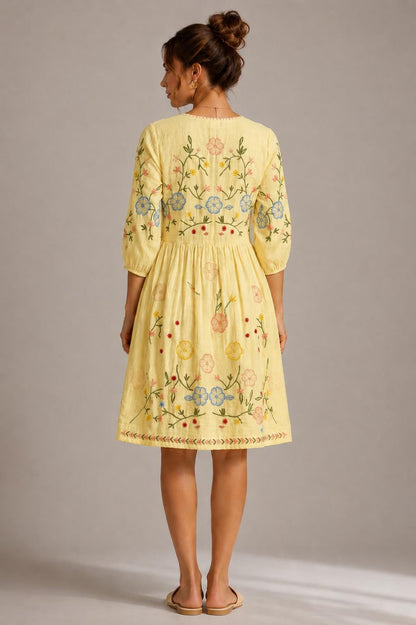 Midi Dress, Colorful Floral Embroidery , Bohemian Folk Style , Loose Fit , Festival Outfit