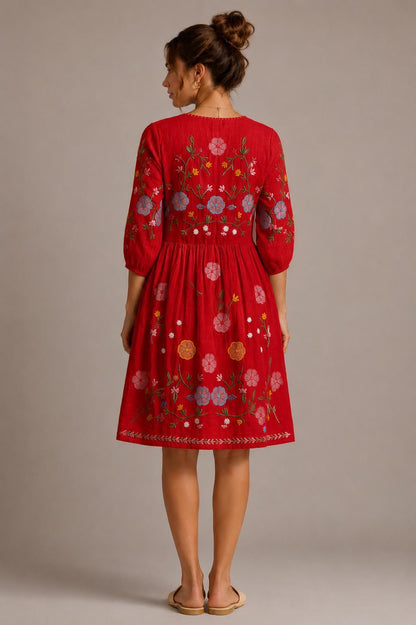 Midi Dress, Colorful Floral Embroidery , Bohemian Folk Style , Loose Fit , Festival Outfit
