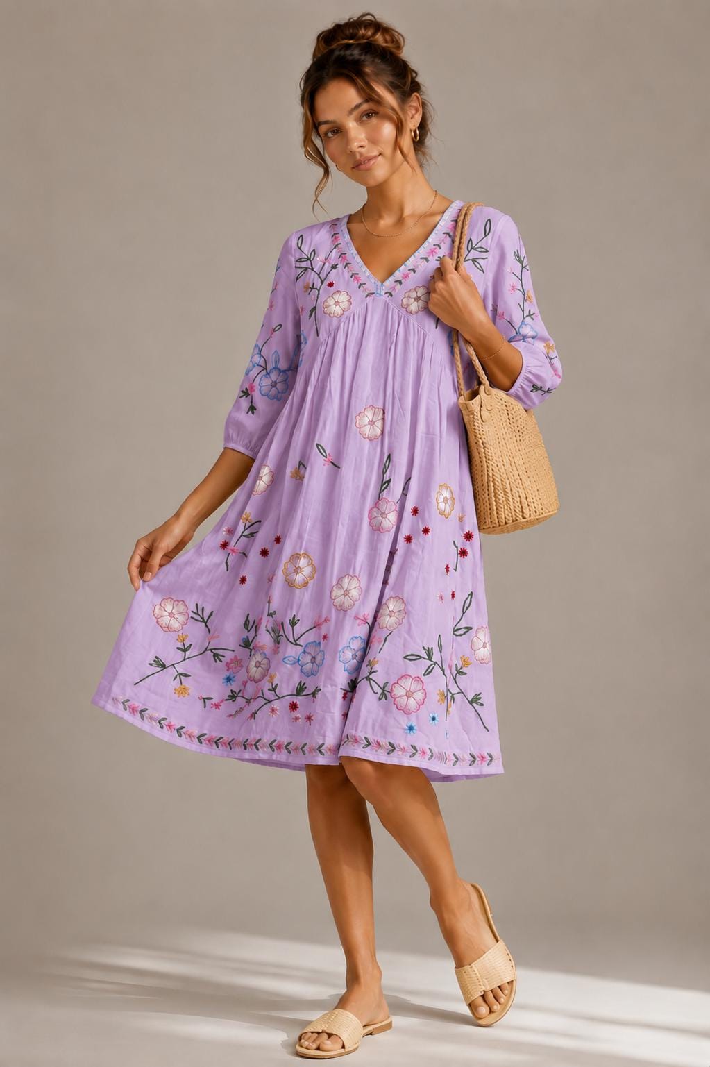 Midi Dress, Colorful Floral Embroidery , Bohemian Folk Style , Loose Fit , Festival Outfit