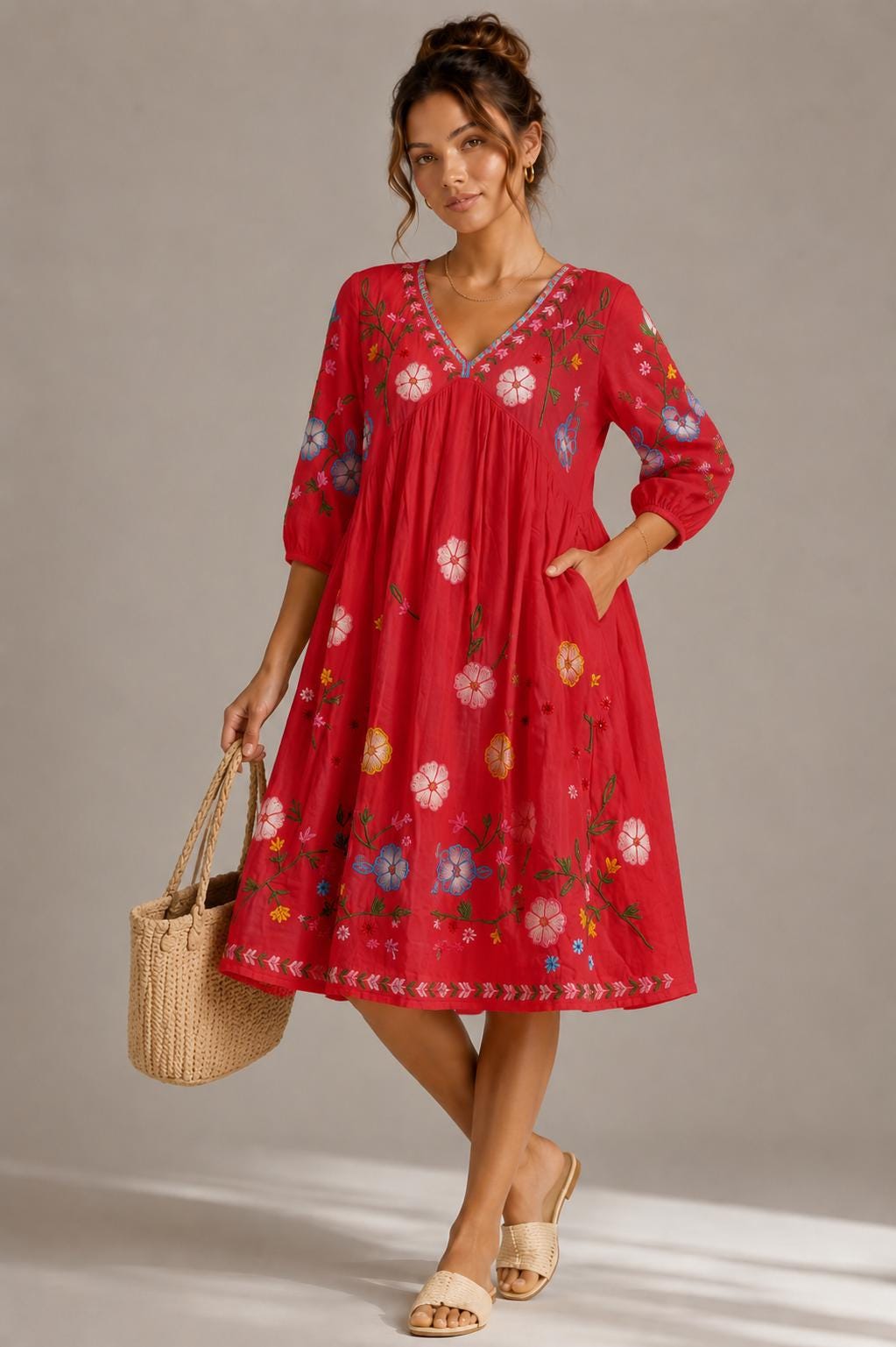 Midi Dress, Colorful Floral Embroidery , Bohemian Folk Style , Loose Fit , Festival Outfit