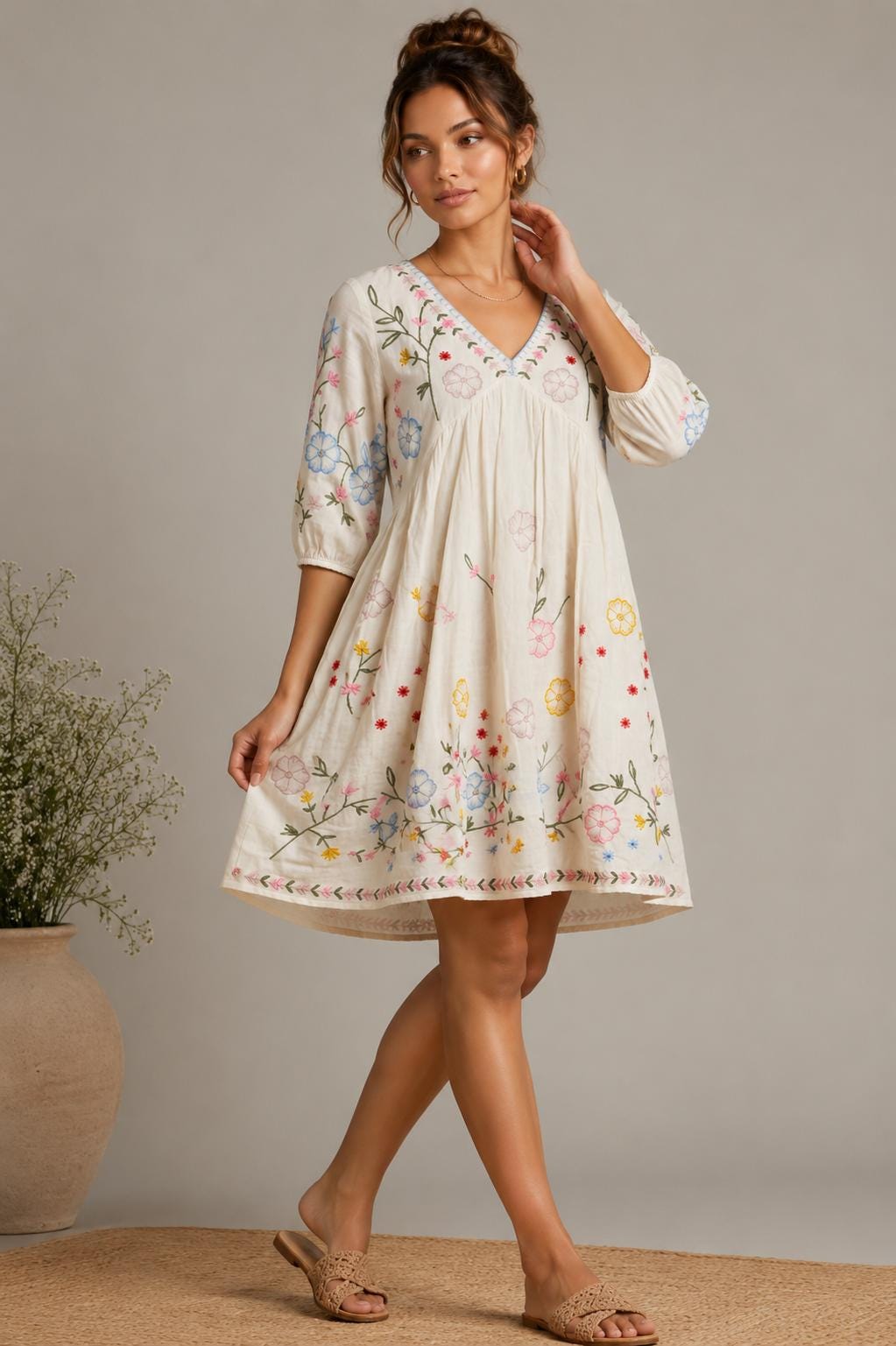 Midi Dress, Colorful Floral Embroidery , Bohemian Folk Style , Loose Fit , Festival Outfit