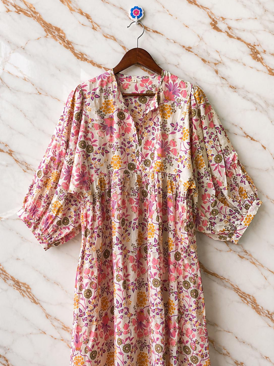 Boho Floral Cotton Midi Dress, Handmade Puff Sleeve Summer Casual Wear