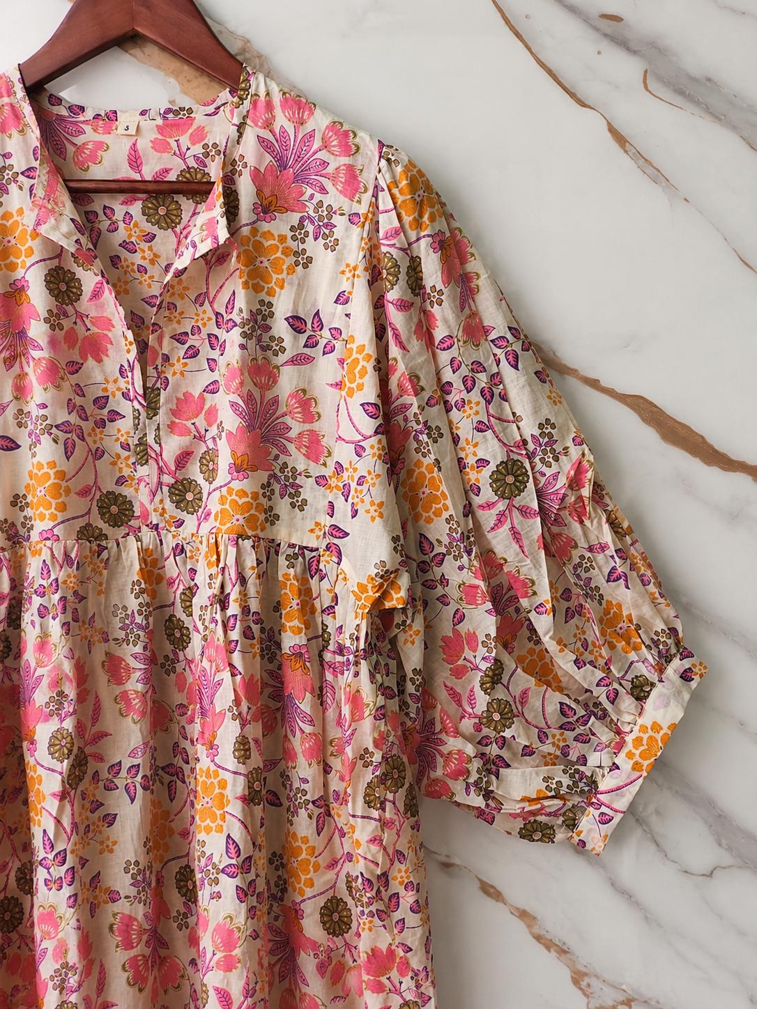 Boho Floral Cotton Midi Dress, Handmade Puff Sleeve Summer Casual Wear