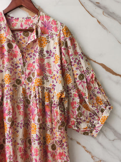 Boho Floral Cotton Midi Dress, Handmade Puff Sleeve Summer Casual Wear