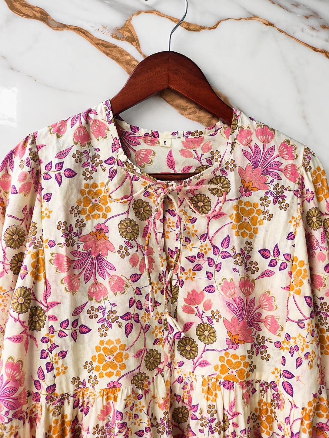 Boho Floral Cotton Midi Dress, Handmade Puff Sleeve Summer Casual Wear