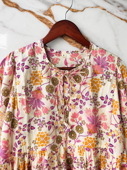 Boho Floral Cotton Midi Dress, Handmade Puff Sleeve Summer Casual Wear