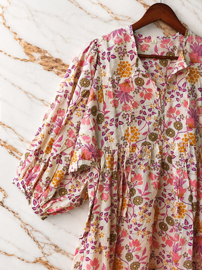 Boho Floral Cotton Midi Dress, Handmade Puff Sleeve Summer Casual Wear