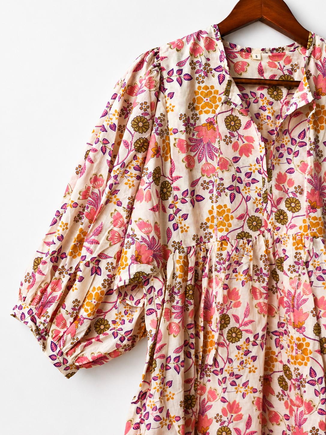 Boho Floral Cotton Midi Dress, Handmade Puff Sleeve Summer Casual Wear
