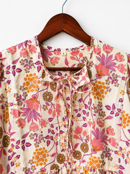 Boho Floral Cotton Midi Dress, Handmade Puff Sleeve Summer Casual Wear