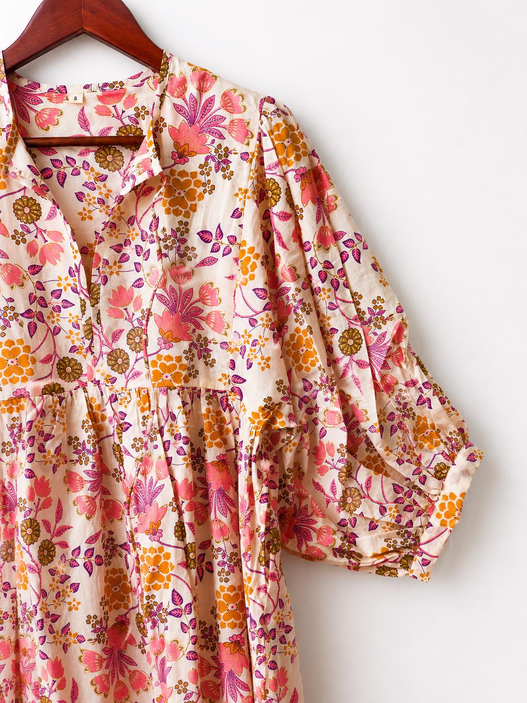 Boho Floral Cotton Midi Dress, Handmade Puff Sleeve Summer Casual Wear