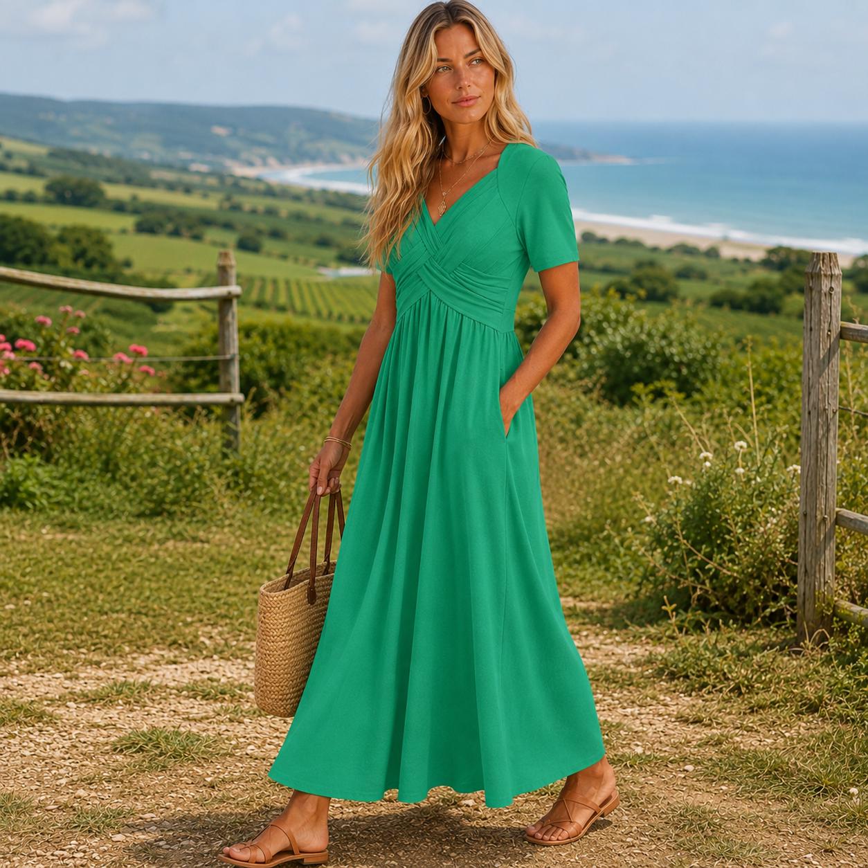 Boho Maxi Dress for Women, Flowy V Neck Dress, Elegant Summer Dress, Loose Fit Long Dress, Casual Vacation Outfit, Cottagecore Dress
