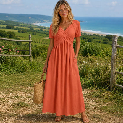 Boho Maxi Dress for Women, Flowy V Neck Dress, Elegant Summer Dress, Loose Fit Long Dress, Casual Vacation Outfit, Cottagecore Dress