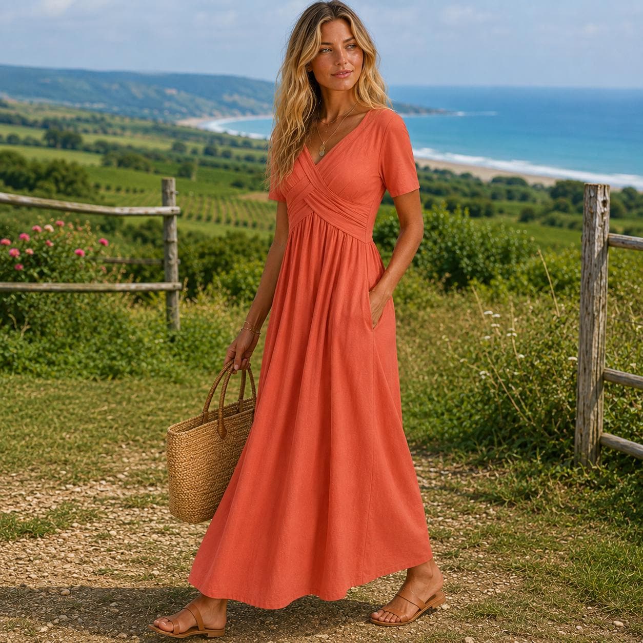 Boho Maxi Dress for Women, Flowy V Neck Dress, Elegant Summer Dress, Loose Fit Long Dress, Casual Vacation Outfit, Cottagecore Dress