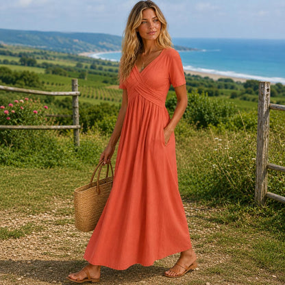 Boho Maxi Dress for Women, Flowy V Neck Dress, Elegant Summer Dress, Loose Fit Long Dress, Casual Vacation Outfit, Cottagecore Dress