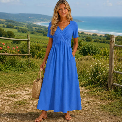 Boho Maxi Dress for Women, Flowy V Neck Dress, Elegant Summer Dress, Loose Fit Long Dress, Casual Vacation Outfit, Cottagecore Dress