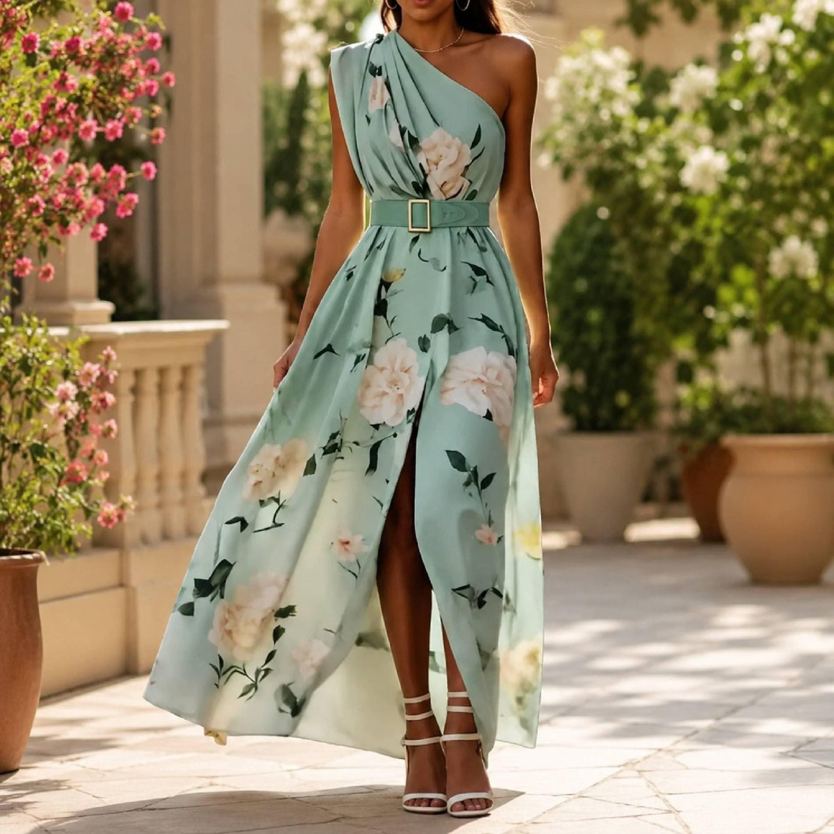 One-Shoulder Floral Maxi Dress, Flowing Belted Evening Gown, Summer Wedding Guest Polyester