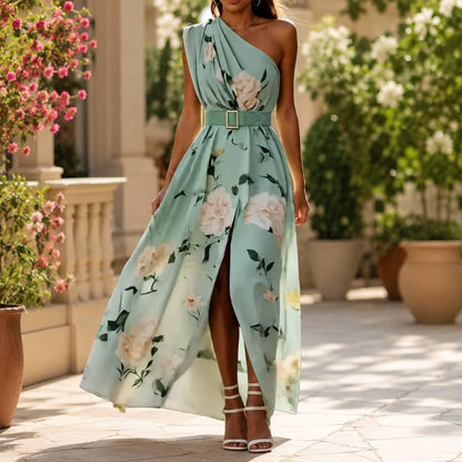 One-Shoulder Floral Maxi Dress, Flowing Belted Evening Gown, Summer Wedding Guest Polyester