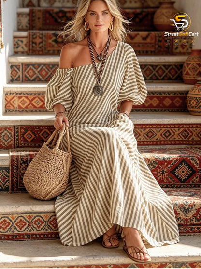Striped Asymmetrical Maxi Dress with Puff Sleeves, Boho Resort Wear and Summer Vacation Outfit