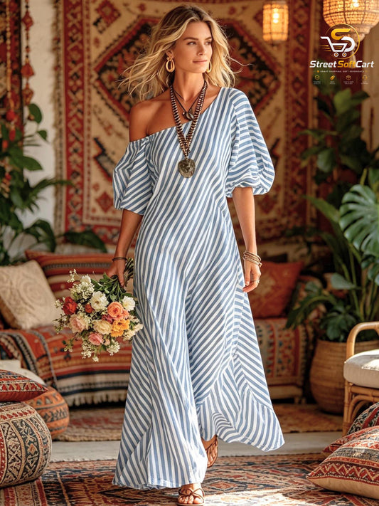 Striped Asymmetrical Maxi Dress with Puff Sleeves, Boho Resort Wear and Summer Vacation Outfit