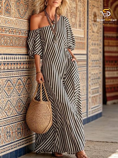 Striped Asymmetrical Maxi Dress with Puff Sleeves, Boho Resort Wear and Summer Vacation Outfit