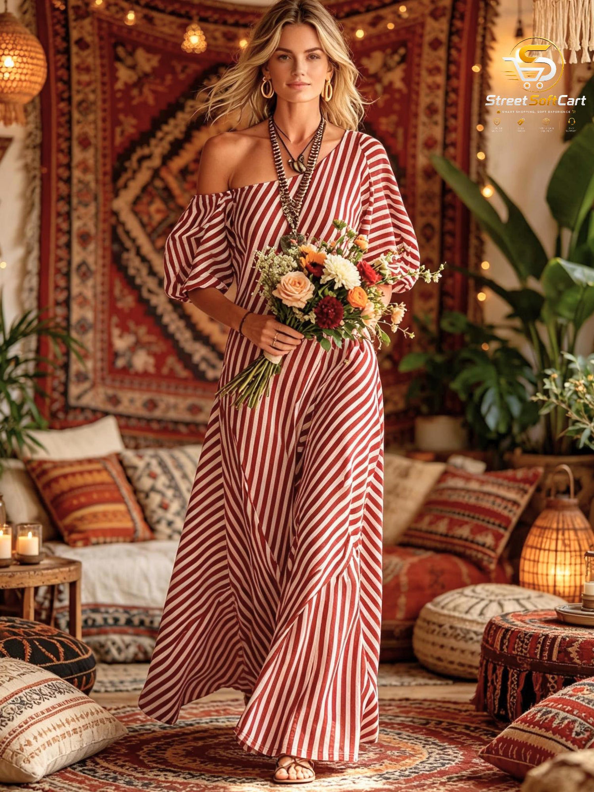 Striped Asymmetrical Maxi Dress with Puff Sleeves, Boho Resort Wear and Summer Vacation Outfit