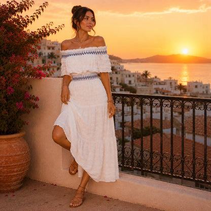 Off Shoulder Lace Textured Ruffle Hem Maxi Dress For Women, Summer Beach Vacation Dress, White Boho Sundress, Romantic Resort Wear