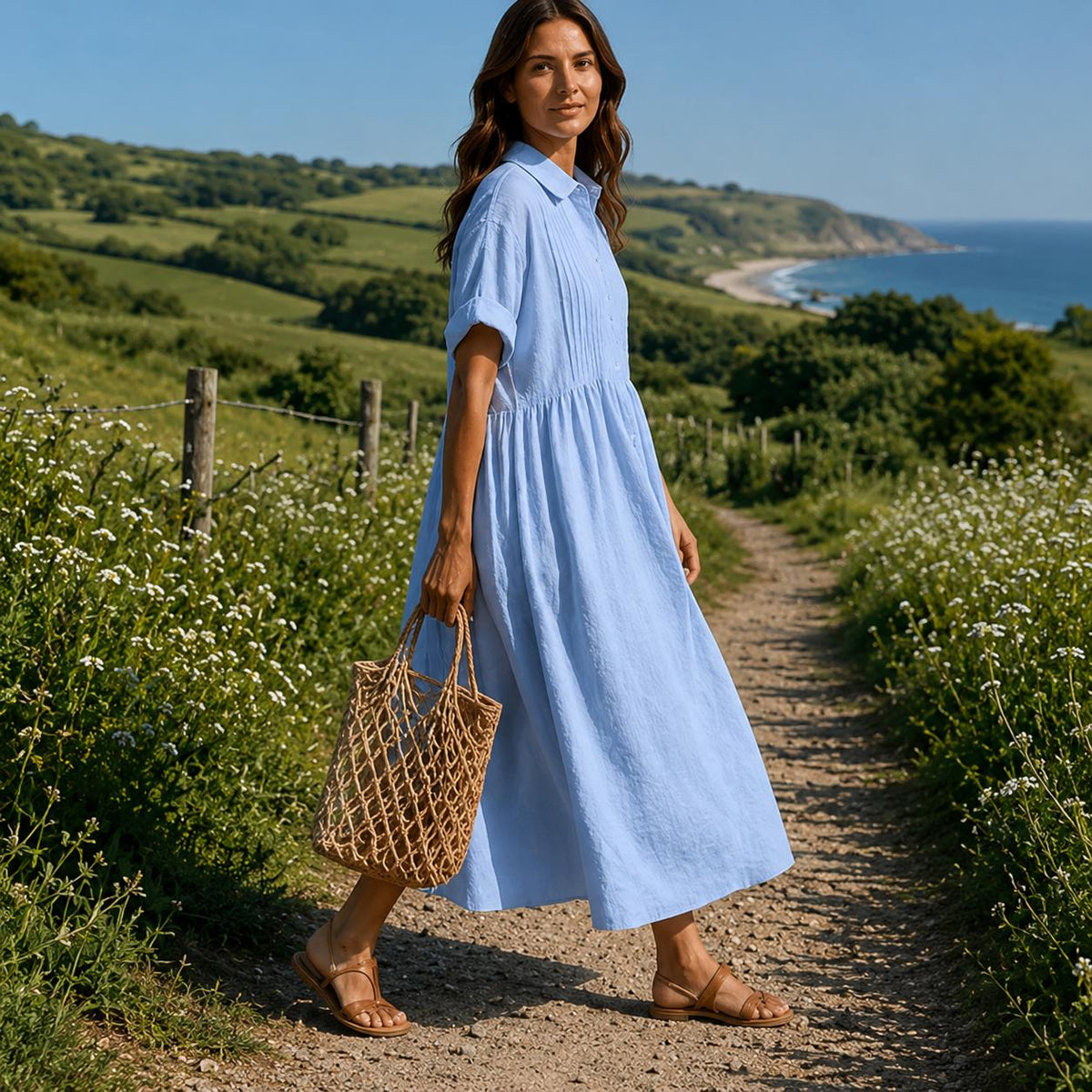 Maxi Shirt Dress for Women, Short Sleeve Button Down Summer Dress, Bohemian Casual Loose Fit Long Dress, Resort Style Wear, Blue