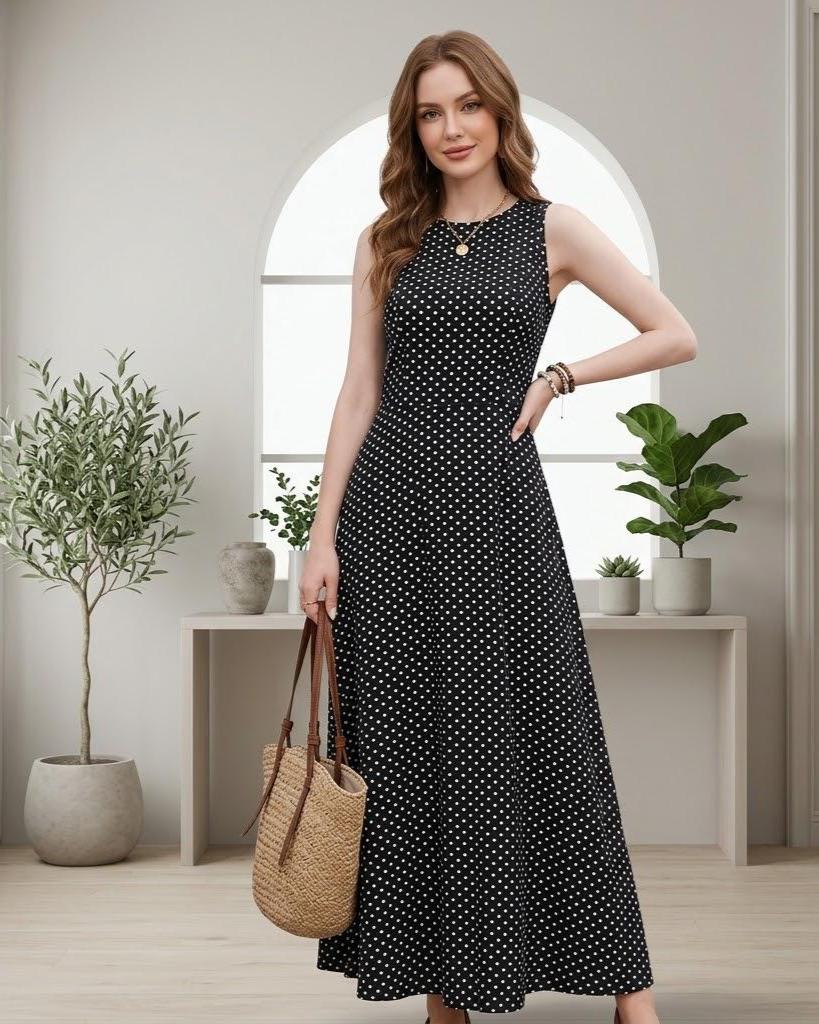 Polka Dot Sleeveless Maxi Dress Crew Neck, Vintage Inspired A Line Sundress, Modest Summer Outfit Elegant Tea Party Gown Classic French Chic