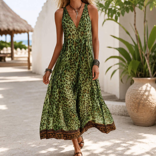 Women's Leopard Print Maxi Dress,Sleeveless V-Neck Boho Summer Dress