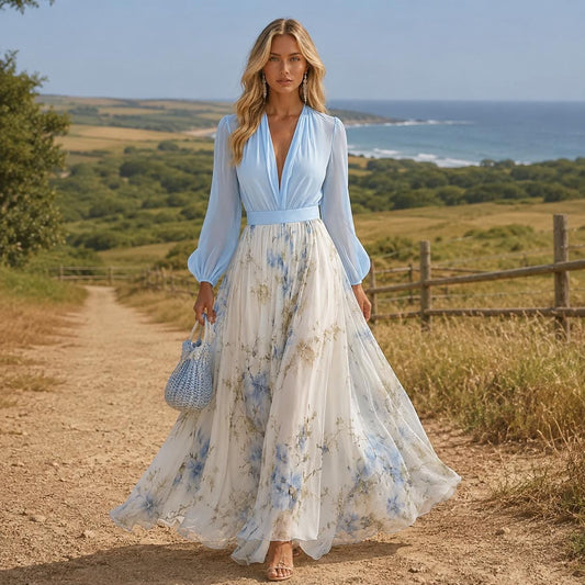 Floral Maxi Dress, Long Sleeve Boho Dress, Flowing Cottagecore Dress, Elegant Wedding Guest Dress, Romantic Spring Summer Outfit