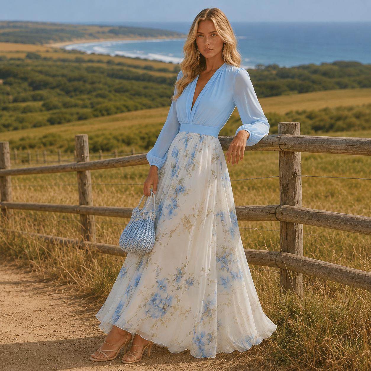 Floral Maxi Dress, Long Sleeve Boho Dress, Flowing Cottagecore Dress, Elegant Wedding Guest Dress, Romantic Spring Summer Outfit