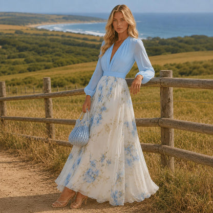 Floral Maxi Dress, Long Sleeve Boho Dress, Flowing Cottagecore Dress, Elegant Wedding Guest Dress, Romantic Spring Summer Outfit