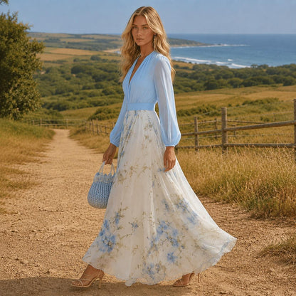 Floral Maxi Dress, Long Sleeve Boho Dress, Flowing Cottagecore Dress, Elegant Wedding Guest Dress, Romantic Spring Summer Outfit