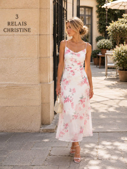Romantic Floral Mesh Midi Dress, Cottagecore Summer Outfit, Lightweight Garden Party Slip, Vacation Outfit