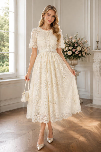 Round Neck Lace Dress High Waist A-Line Heavy Embellishment Ball Gown Summer Women