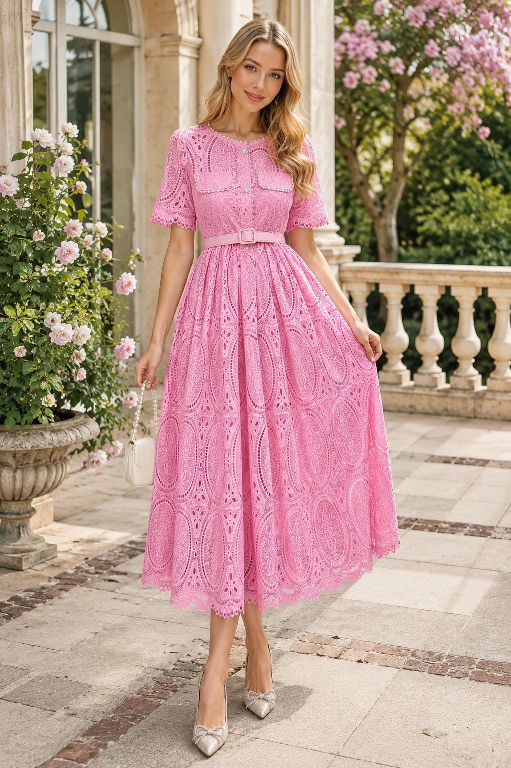Round Neck Lace Dress High Waist A-Line Heavy Embellishment Ball Gown Summer Women
